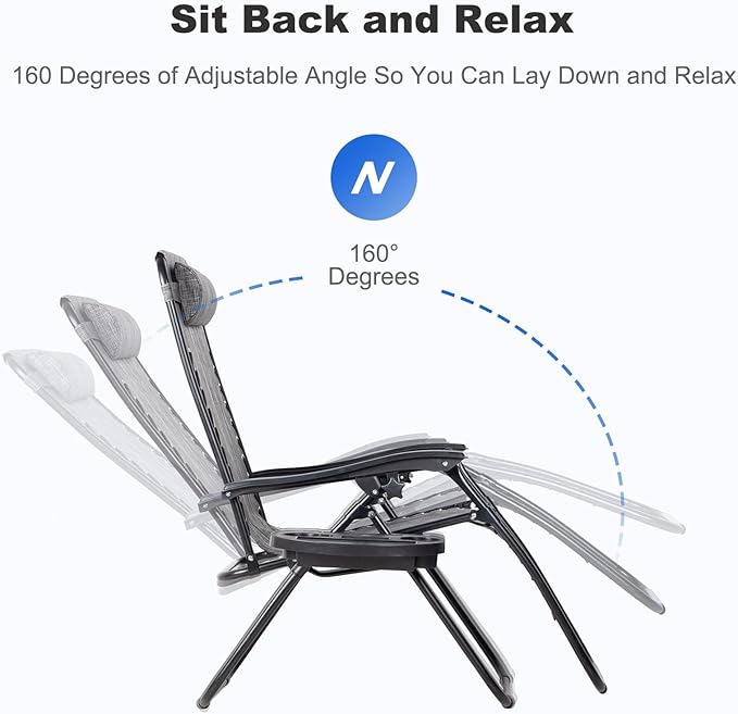 Nazhura Set of 2 Relaxing Recliners Patio Chairs Adjustable Steel Mesh Zero Gravity Lounge Chair Beach Chairs with Pillow and Cup Holder(Grey)