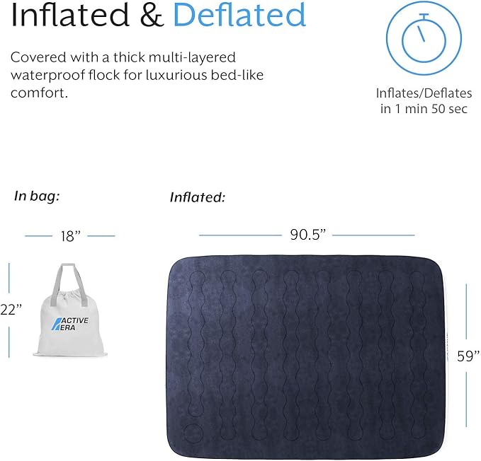 Active Era Luxury Camping Air Mattress with Built in Pump - Queen, USB Rechargeable Pump, Travel Bag for Tent Camping