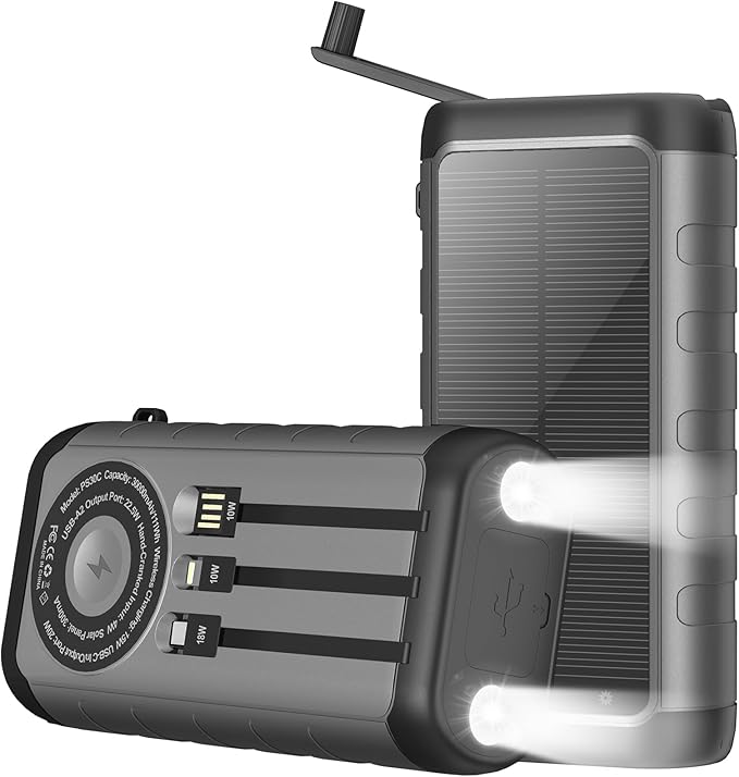 Solar Charger, 59800mAh Portable Power Bank for All Phones, Outdoor Waterproof Battery Pack Built in Hand Crank, 15W Wireless Charger 6 Outputs & 3 Inputs/LED Flashlights, Perfect for Camping Travel