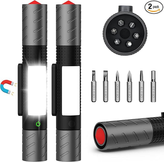 Rechargeable Flashlight High Lumens 2Packs-Super Bright Magnetic LED Flashlights with Screwdriver Set,Window Glass Breaker,COB Flash Light,7 Modes,Zoomable,Waterproof for Emergency Camping Car Repair