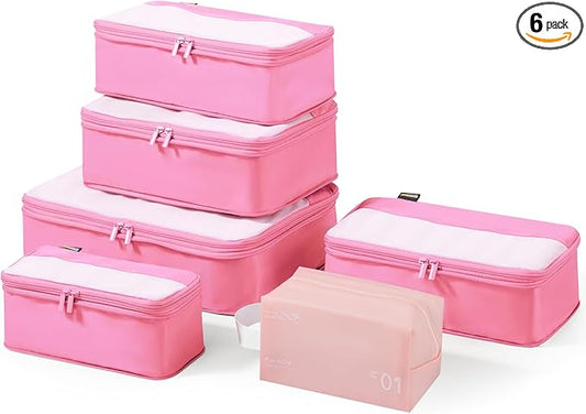 6 Set Compression Packing Cubes for Travel Essentials, Luggage Organizers for Suitcases (Light Pink)