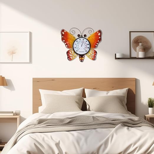 Outdoor Thermometer, Metal Indoor Thermometer, Yellow Butterfly Wall Thermometer No Need Battery for Patio Home Room Decor