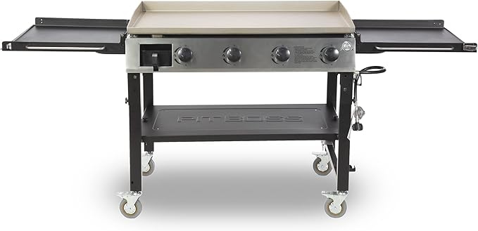 Pit Boss PB757GD Four Burner LP Fold Over Side Shelves 36" Gas Flat Top Griddle with Fitted Cover, 4 Deluxe, BLACK