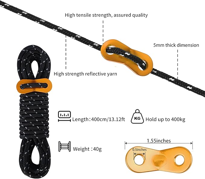 CONBOLA 6 Pack 5 mm Guy Lines Ultralight Tent Cords with Aluminum Adjuster Tensioner Outdoor Camping Guylines Ropes for Tent Tarp, Canopy Shelter, Climbing, Hiking Backpacking Gear