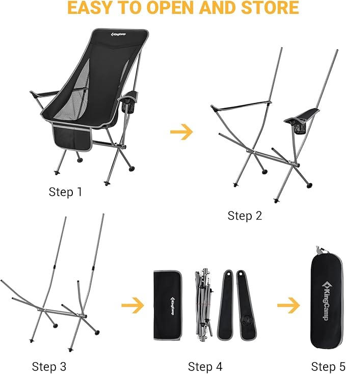 KingCamp Compact Camping Chair with Armrest Ultralight High Back Backpacking Chairs for Adults Lightweight Folding Chair Heavy Duty Support 265 Lbs Portable for Traveling, Lawn, Festival, Black