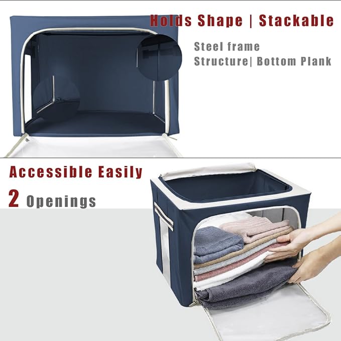 Clothes Storage Box Bins Stackable Foldable Organizer,Sturdy Handles with Metal Frame for Clothing Bedding Shelves,Closet Container with Clear Window Zipper and Label Holder (Navy, 40L x3 Pack)