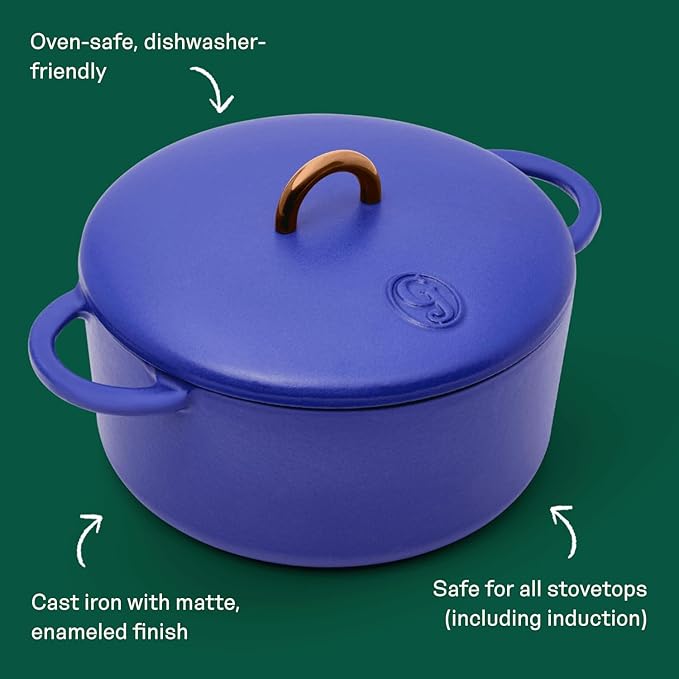 Great Jones Dutch Baby Dutch Oven with Lid (Blueberry, 3.5-Quart) | Enameled Cast Iron, Round Shape | Safe for Stovetops & Ovens up to 500°F | Space-Saving & Dishwasher-Friendly | Small-Batch Cooking