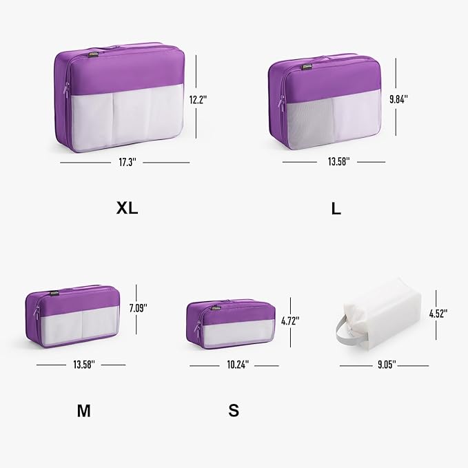 5 Set Compression Packing Cubes for Travel, Space Saving Luggage Organizer Bags (Bright Purple)