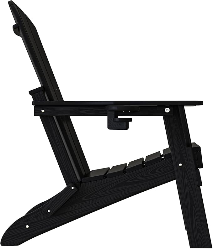 Folding Adirondack Chair Set of 4, Cup Holder，Wooden Textured ，Heavy All-Weather HDPE Comfortable Set Poolside Backyard Lawn Black