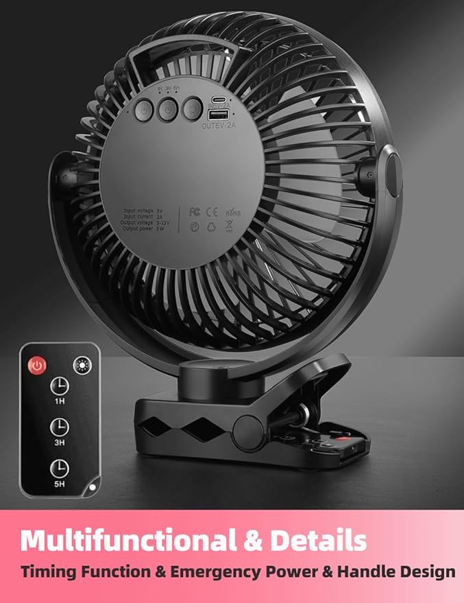 8'' Rechargeable Portable Hanging RV Tent Clip fan with Remote, 10000mAh Camping Fan, 3 Speed, Max 40 Hours Working Time, with LED light and Timer, 720°Rotation, as Emergency Power - Black