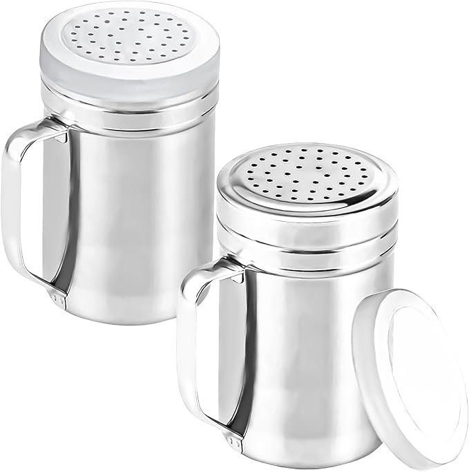 2Pcs Metal Salt Pepper Dredge Shakers, Stainless Steel Pepper Shaker Seasoning Jar With Handle, With Hole And Cover, Suitable For Pepper, Cinnamon And Coffee Spice Jars (Large-14OZ)