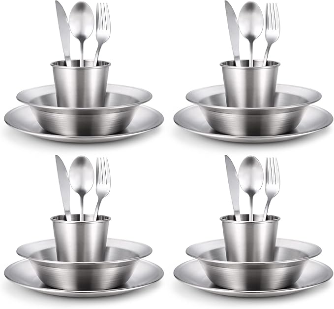 Odoland Camping Complete Messware Kit, Polished Stainless Steel Camp Dinnerware, Camping Cooking Tableware, Cutlery Organizer Utensil with Plates and Bowls Set for Backpacking, Hiking, Picnic Picnic.