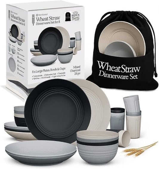 Fern & Soul Wheat Straw Dinnerware Sets, Dish Set for 8, 24 pcs with Storage Bag. Unbreakable, Dishwasher Safe, Kitchen Plates Bowls Sets, College Dorm, RV Camping Dishes Plate Set (Charcoal)