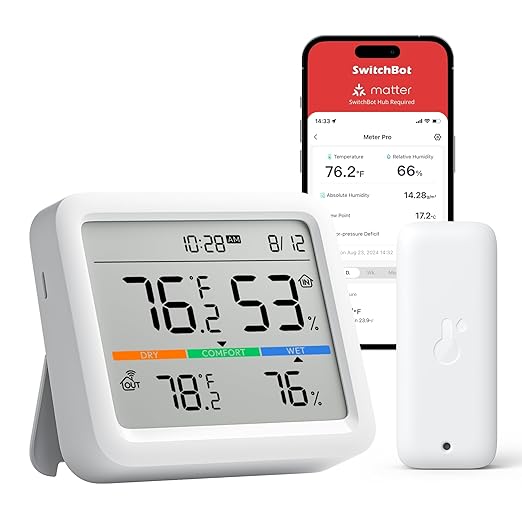 SwitchBot Meter Pro, Digital Hygrometer & Thermometer - Wireless Indoor Temperature & Humidity Monitor with Bluetooth App Control, Real-Time Alerts (1, Meter Pro+Outdoor Meter)