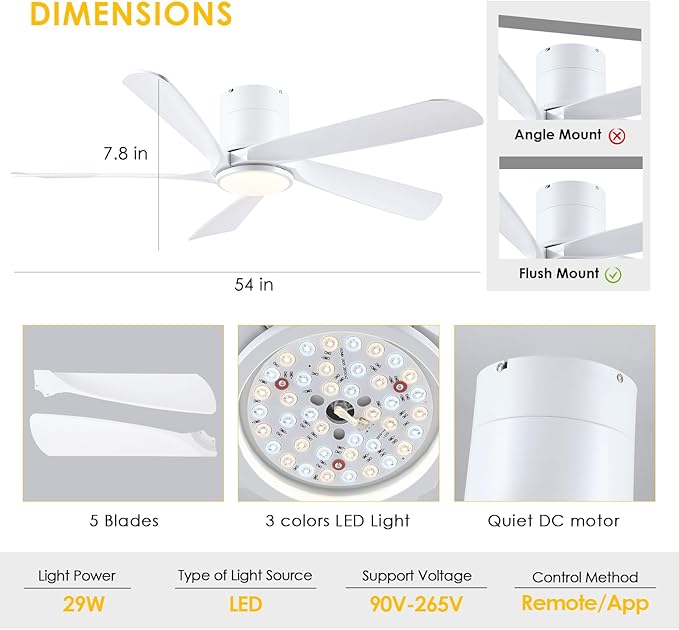 54" Flush Mount Ceiling Fan - White Low Profile Ceiling Fans with Lights and Remote/APP, 6 Speeds and Reversible 5 Fan Blades, Indoor Modern Ceiling Fan LED Light for Bedroom, Living Room