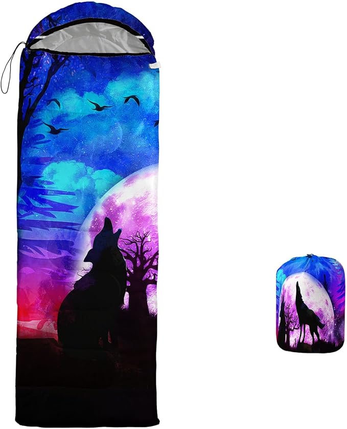 Galaxy Wolf Camping Sleeping Bags Warm & Cool Weather Waterproof Backpacking Blue Purple Starry Sky Sleeping Bag All Seasons Camping, for Adult Kids Boy Girls Camping Gear Equipment, Traveling