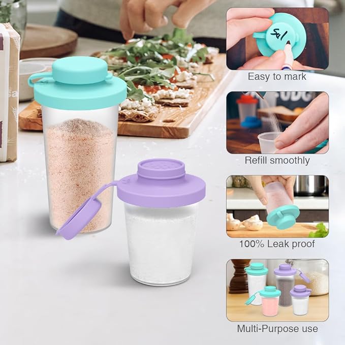 Sophico Small Salt and Pepper Shakers Set with Moisture Proof Sinlicone Lids, 4.5oz Mini Spice Shaker to go for Camping Travel Picnic Lunch Boxes (purple & blue, Small & Medium)