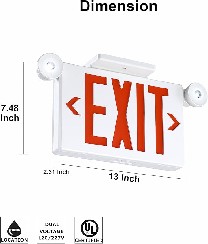 Gruenlich Exit Signs with Emergency Lights, 2 Adjustable LED Head with Battery Backup, 94V-0 Fire Resistant, AC 120/277V, Hardwired Commercial Emergency Light Combo for Business, 4 Pack