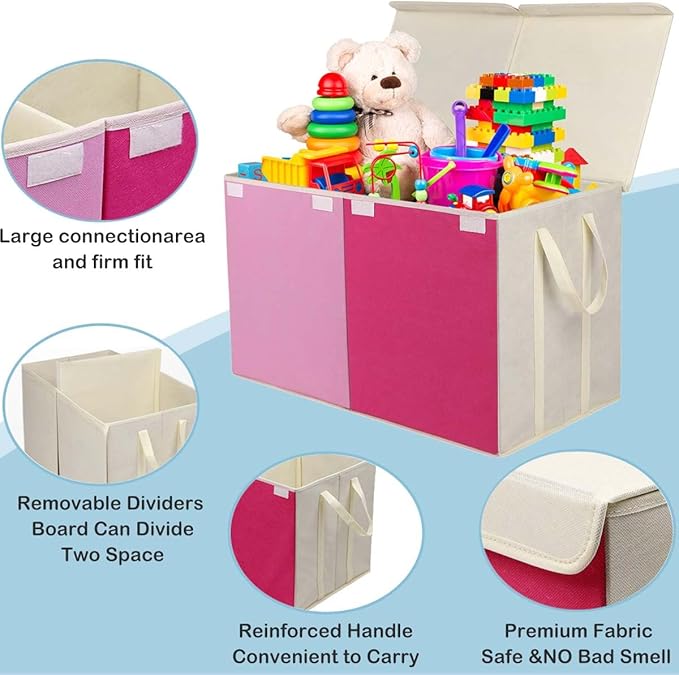 Toy Box Chest, Collapsible Sturdy Storage Bins with Lids, Extra Large Kids Toy Storage Organizer Boxes Bins Baskets for Kids, Boys, Girls, Nursery Room, Playroom, Closet (Pink)