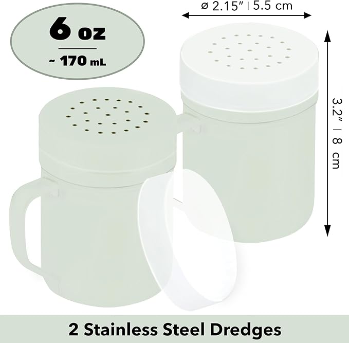 CUSINIUM 6oz Sage Stainless Steel Salt Pepper Dredge Shakers - With Plastic Cap - With Handle - Pack of 2