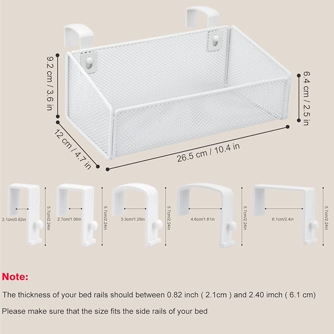 Bedside Shelf Bunk Bed Organizer Shelf Hanging Storage Metal Basket Phone Holder for Bedroom,Dorm,Office - Easy Use for Both Adult and Kids (White)
