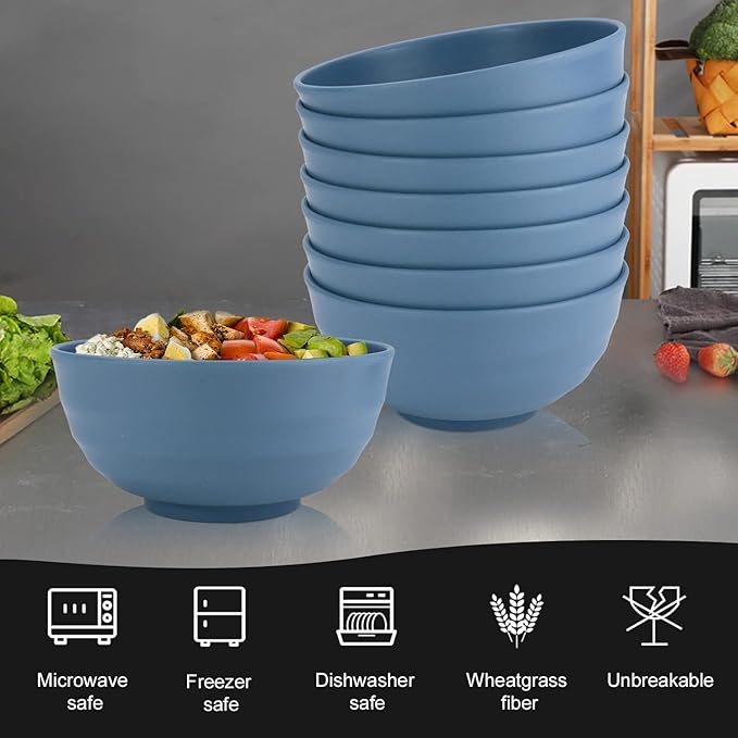 Homienly Wheat Straw Bowls, 60 OZ Salad Bowls,Large Serving Bowls Set of 8, Unbreakable Big Bowl for Kitchen,Ramen,Cereal,Salad,Serving Reusable, Microwave and Dishwasher Safe Bowl-Blue