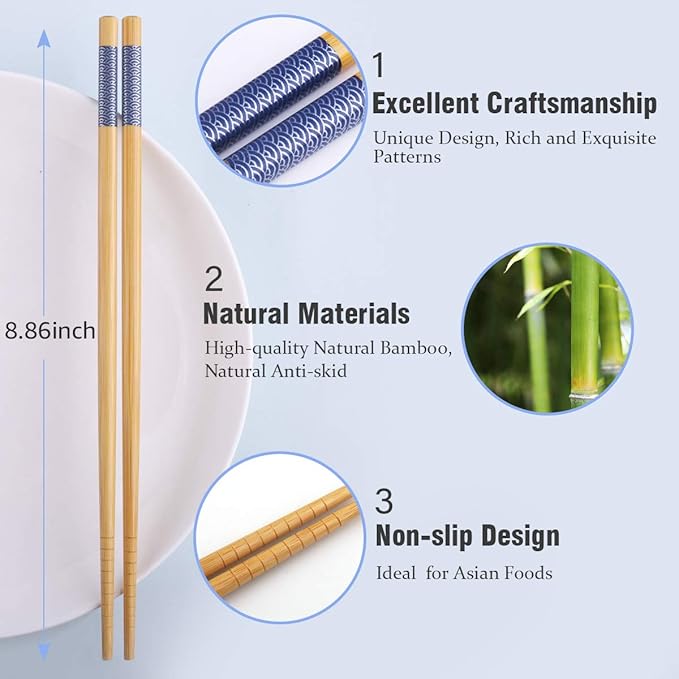 GLAMFIELDS Reusable Chopsticks Japanese Natural Bamboo Classic Style 5 Pairs Lightweight Safe Chop Sticks 8.8 Inch/22.5cm Gift Set