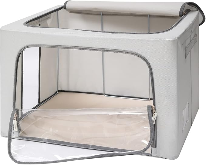 3Pack Frame Storage Box - Clothes Storage Bin Bags Oxford Fabric Foldable Stackable Container Organizer Set with Clear Window & Carry Handles (Grey, Extra Large-100L)