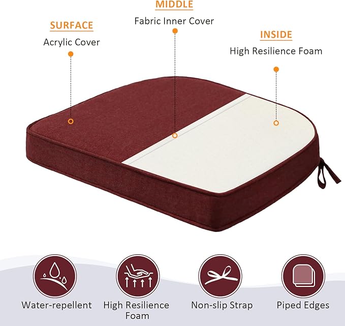 Sunbrella Round Corner Seat Cushions, 17" x 16" x 2", Set of 4, Indoor Outdoor Water Repellent Universal Chair Pads with Ties for Patio Furniture, Garden Dining Chairs, Spectrum Brick