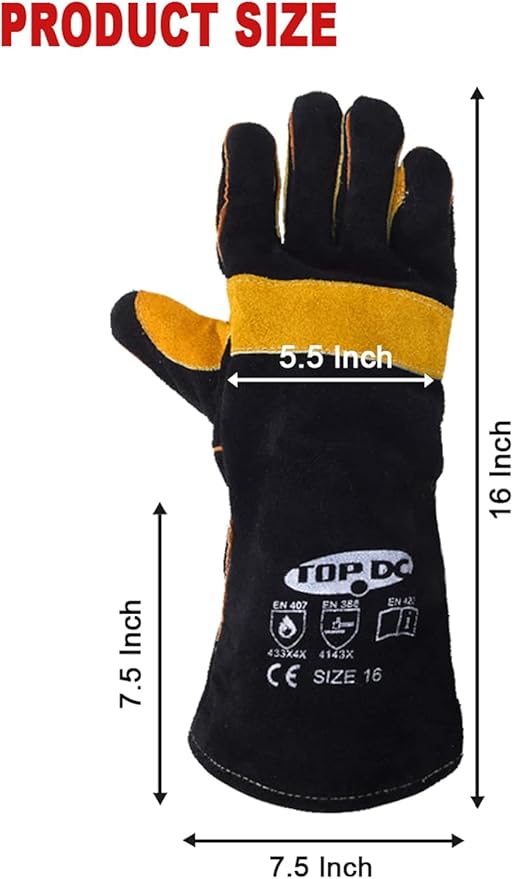 TOPDC Welding Gloves 16 Inches 932℉ Fire/Heat Resistant Leather Welding Gloves For Mig, Tig, Stick, Forge, BBQ, Grill, Fireplace, Wood Stove, Furnace, Oven, Animal Handling for Safe, Loving Pet Care