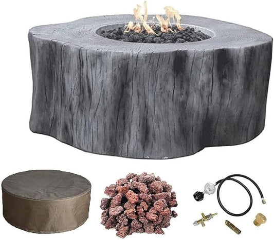 Elementi | Manchester Gas Fire Pit Cast Concrete Semi-Round Fire Table, Outdoor Fire Pit Electronic Ignition | Canvas Cover, Lava Rock Included | Classic Gray (Propane Gas)
