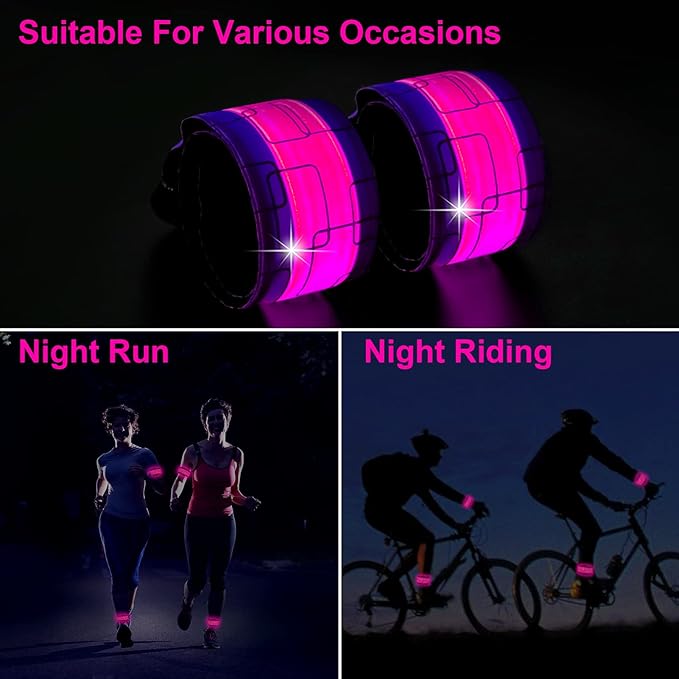 LED Safety Wristband Lights - Rechargeable Light Up Arm Ankle Band Kids Magic Slap Glow Bracelets Reflective Belt High Visibility for Night Cycling Walking Joggers Running Gear