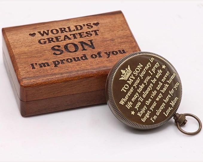 RII Engraved Brass Pocket Compass – Vintage Nautical Compass for Camping, Hiking, Boating, Travel | Thoughtful Gift for Son