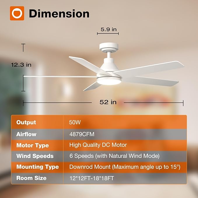 addlon Ceiling Fans with Lights, 52 inch Ceiling fan with Light and Remote Control, Reversible, 3CCT, Dimmable, Noiseless, White Ceiling Fan for Bedroom, Indoor/Outdoor Use
