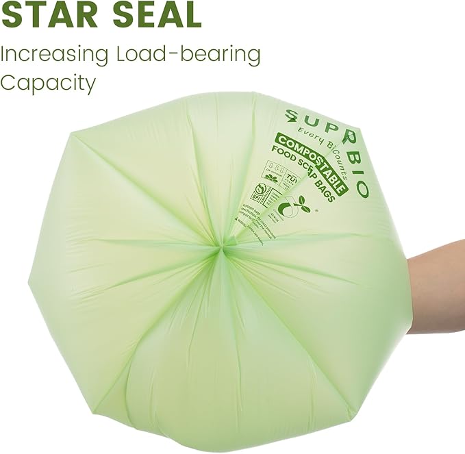 SUPERBIO 2.6 Gallon Flat Top Compostable Food Waste Bags, 100 Count, 2 Pack,9.84L, Food Scrap Bags, BPI Certified and OK compost INDUSTRIAL