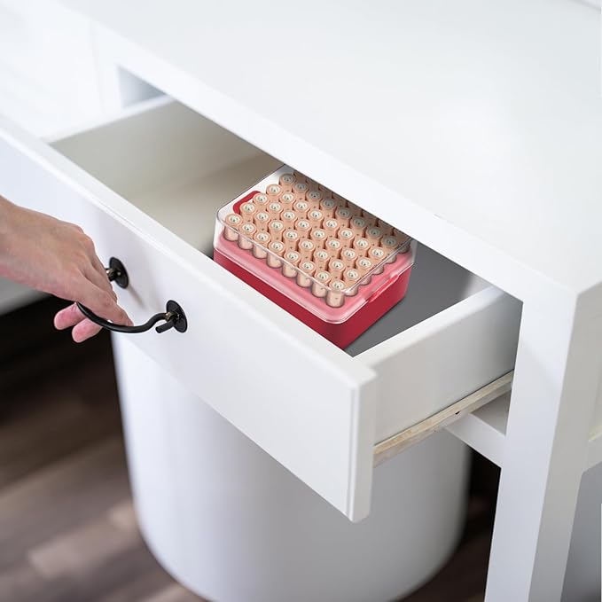 ALCYON Battery Organizer Storage Case, Battery Vault Box Container for 48pcs AAA Batteries, Plastic Clear Protective Battery Holder for Travelling/Home/Office (Red, Small)