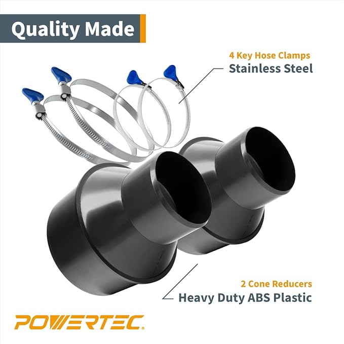 POWERTEC 70338-P2 4 Inch Hose to 2-1/2 Inch Hose Cone Reducer w/Stainless Steel Thumb Screw Hose Clamps, Dust Collection Fittings for Dust Collection Hose, Dryer Vent Hose & Shop Vacuum Hose