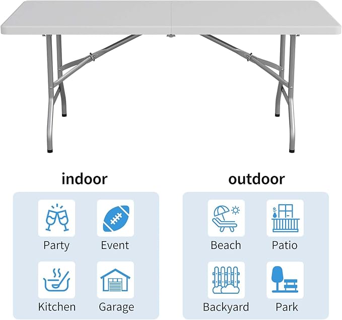 FWTI Deal 6 Feet Foldable Table, Built in Carrying Handle & Alloy Steel Legs, Heavy Duty Portable for Party, Dining, Wedding, Events, Picnic, Indoor, Outdoor, Camping, Utility, White