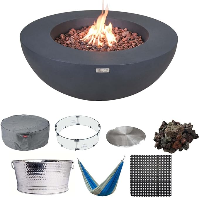 Elementi Lunar Bowl Dark Grey Fire Pit Bundle Outdoor Firepit Set Includes 42” Natural Gas Concrete Firepit, Glass Windscreen, Stainless Steel Cover, Canvas Cover, Floor Mat, Hammock, Beverage Tub