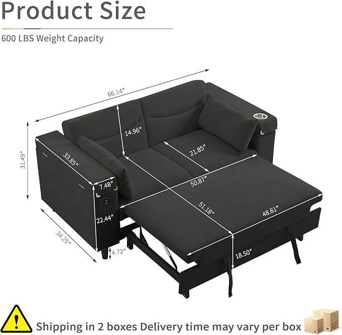 66" Pullout Couch Sleeper Sofa with Hidden Side Table, Storage Armrests & USB Charging – Convertible Sofa Bed with Spring Mattress & Wood Frame, Great for Small Spaces (ZY-2027-Dark Gray)