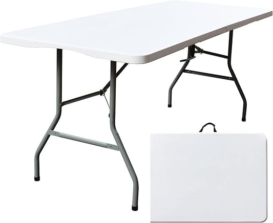 Foldable Table, Plastic 6FT Folding Table, Indoor Outdoor Portable Utility Table with Handle for Party, Camping and Picnic, White