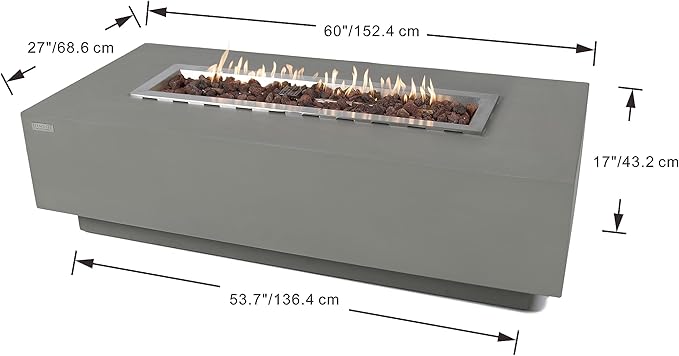 Elementi | Granville Gas Fire Pit Cast Concrete 60" Rectangular Fire Table, Outdoor Fire Pit Electronic Ignition | Canvas Cover, Lava Rock Included | Light Gray (Natural Gas)