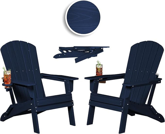 Folding Adirondack Chair, SGS Tested, Wooden Textured with Cup Holder, Heavy All-Weather HDPE Comfortable Set Poolside Backyard Lawn Navy Blue