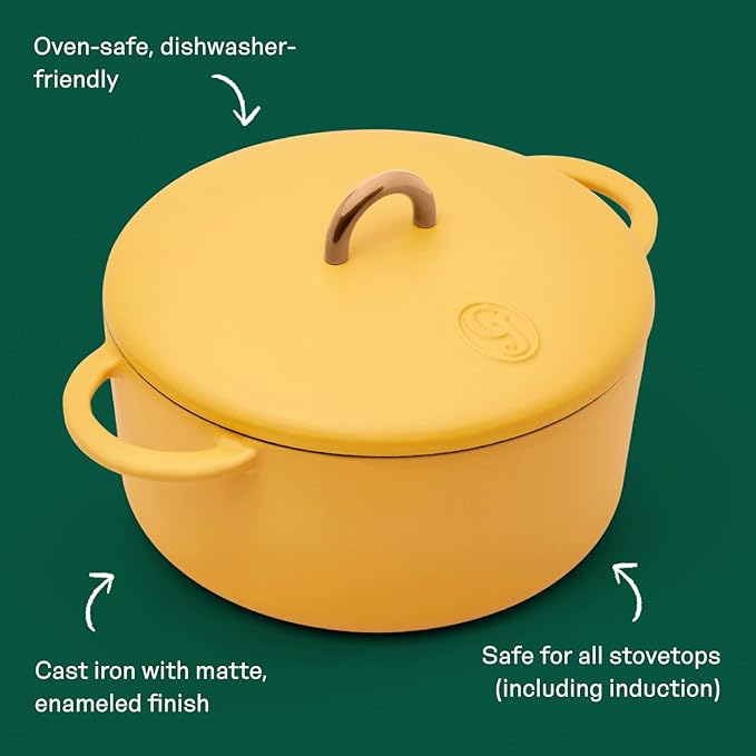 Great Jones Dutch Baby Dutch Oven with Lid (Mustard, 3.5-Quart) | Enameled Cast Iron, Round Shape | Safe for Stovetops & Ovens up to 500°F | Space-Saving & Dishwasher-Friendly | Small-Batch Cooking