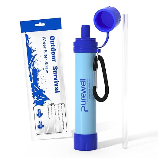 Purewell Outdoor Water Filter Personal Water Filtration Straw Emergency Survival Gear Water Purifier for Camping Hiking Climbing Backpacking