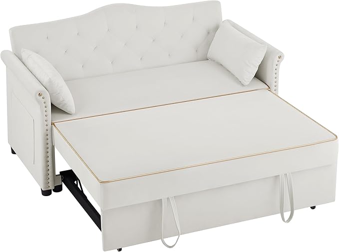 57" Velvet Pull-Out Sofa Bed, 3-in-1 Convertible Loveseat with Gold Trim Strips and Adjustable Backrest, Perfect for Living Rooms, Offices and Apartments (Beige)