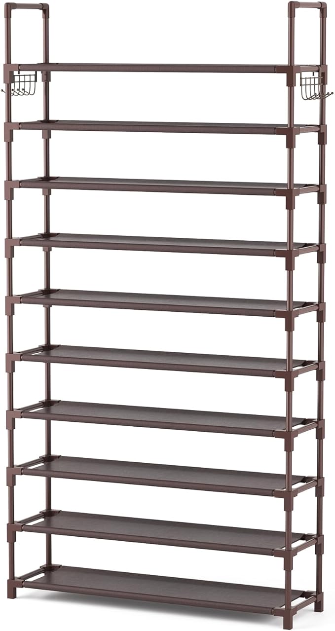 VTRIN 10 Tiers Shoe Rack Tall Large Capacity 50 Pairs Wide Shoe Organizer Sturdy Shoe Shelf for Entryway with Two Hooks Metal Shoe Storage for Closet, Bedroom, Brown