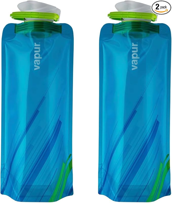 Vapur Collapsible Water Bottle With Carabiner, Compact Bottle Folds Flat For Hydration On The Go, Ideal for Traveling, Hiking or Camping, 34 Ounce, Water, Pack of 2