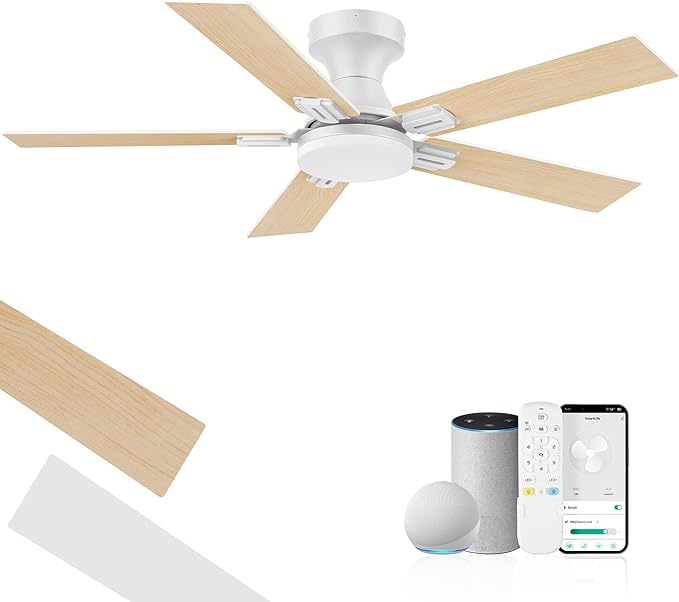 42 inch Smart Low Profile Ceiling Fan with Lights Remote,Quiet DC Motor,WIFI Control via Voice Alexa,App, Easy to Install,Flush Mount Outdoor Indoor Fans for Small Bedroom Patio Porch,White& Wood