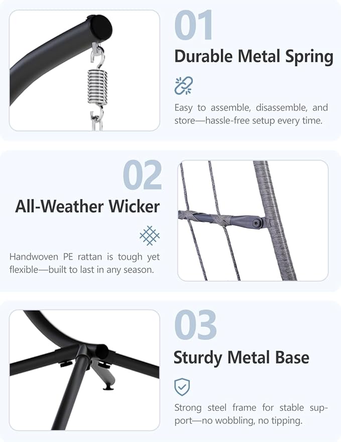 SWITTE Egg Chair Outdoor with Stand, Indoor Wicker Hanging Egg Swing Chair with Cushion, 350lbs Capacity for Patio, Bedroom, Garden - Light Grey